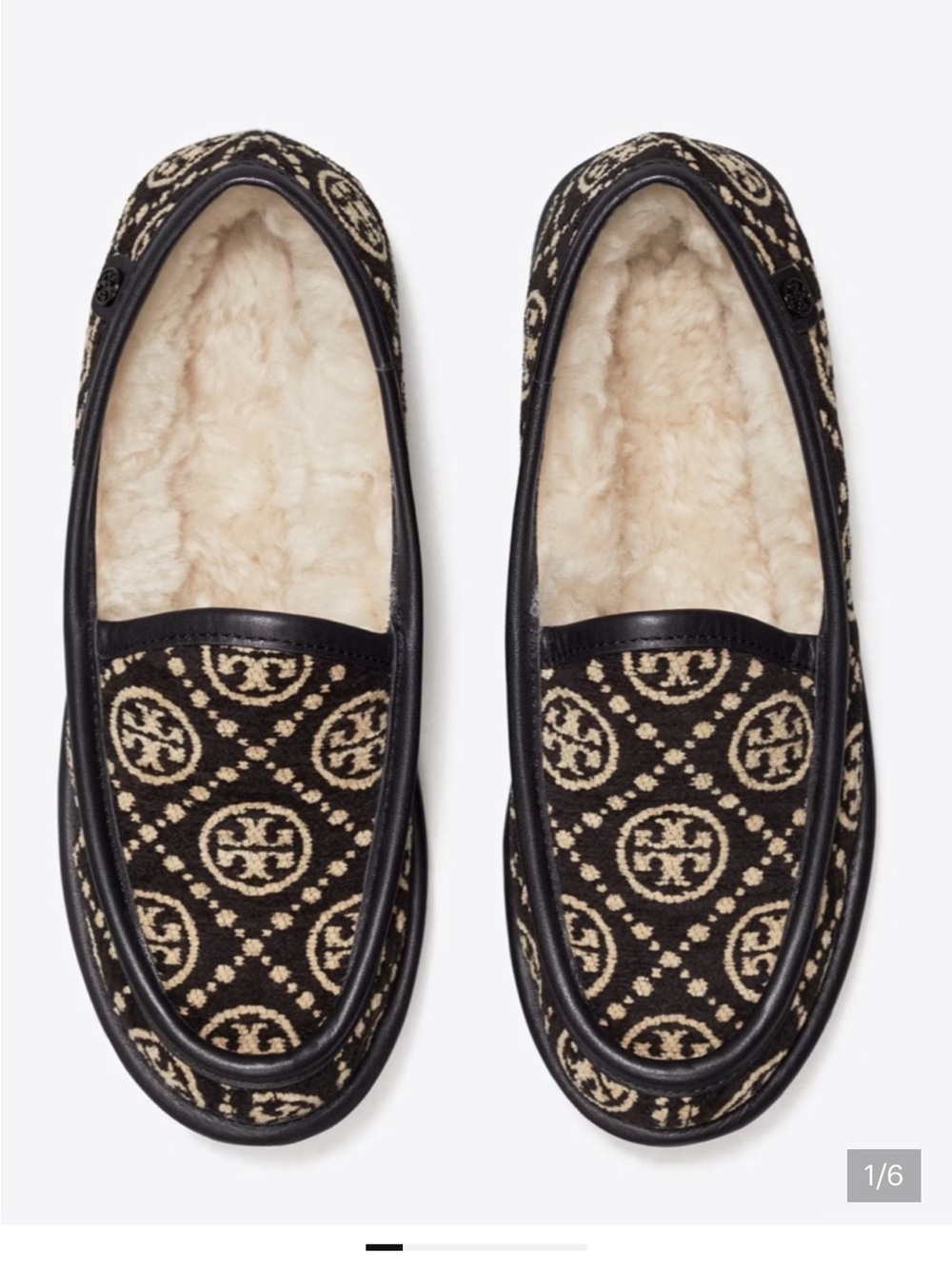 Tory Burch Black & Cream Monogram Shearling Loafers